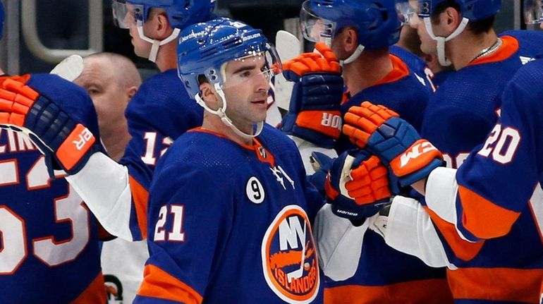 Kyle Palmieri of the New York Islanders celebrates his second-period...