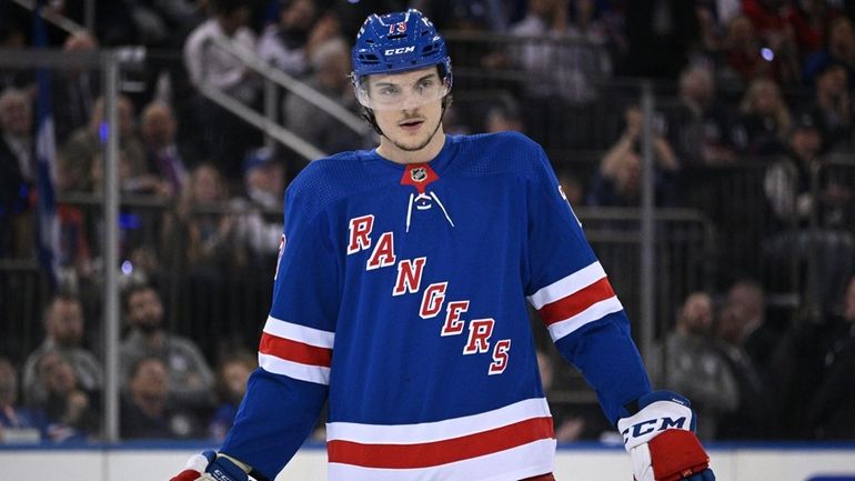 Rangers center Matt Rempe looks on against the Panthers during...