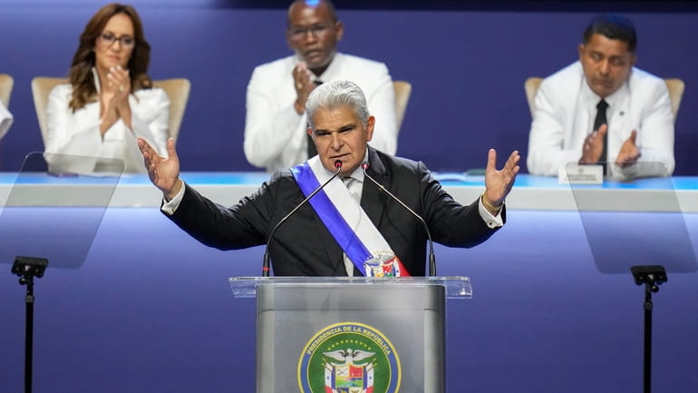 New Panamanian President Jose Raul Mulino gives a speech at...