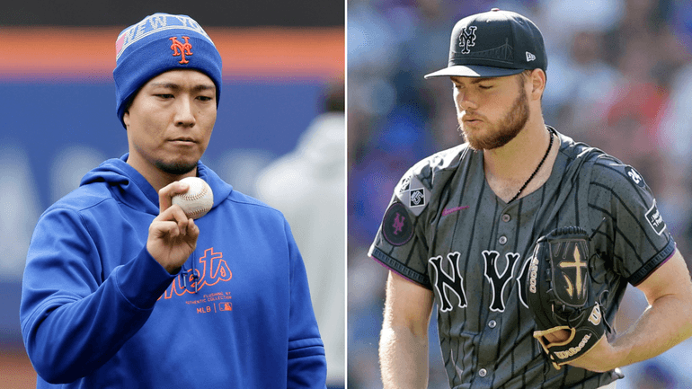 Mets pitchers Kodai Senga, left, and Christian Scott.