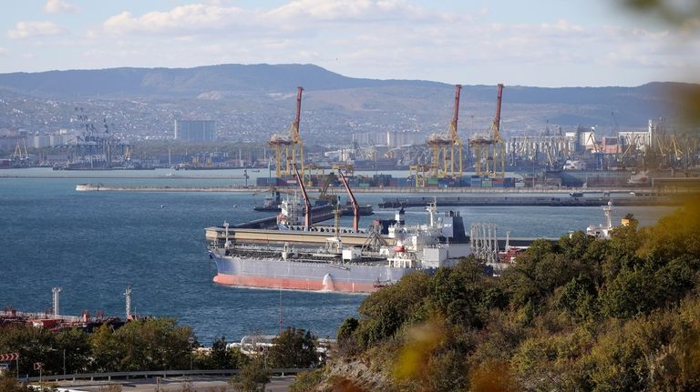 An oil tanker is moored at the Sheskharis complex, part...