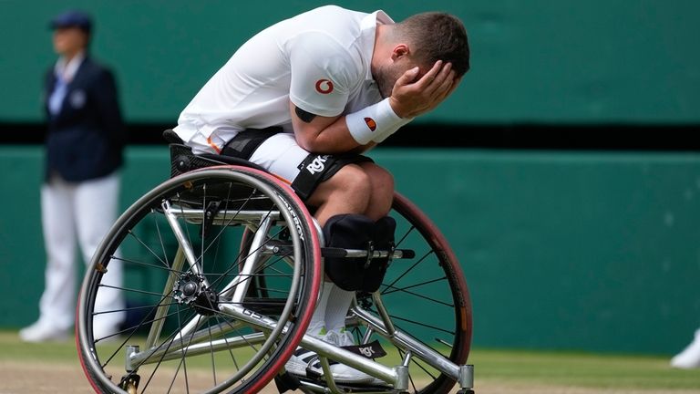 Alfie Hewett of Britain celebrates after defeating Martin De La...