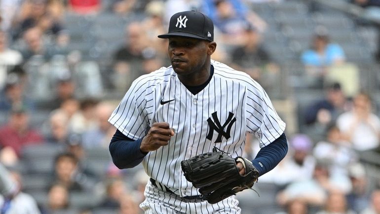 New York Yankees starting pitcher Domingo German reacts at the...