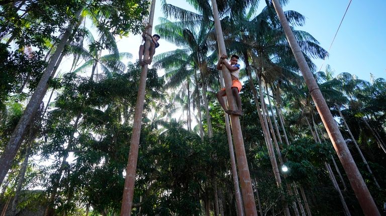 Ashaninka Indigenous youths from Brazil and Peru compete by racing...