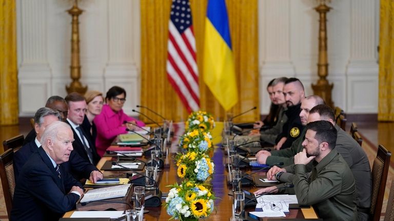 President Joe Biden meets with Ukrainian President Volodymyr Zelenskyy in...