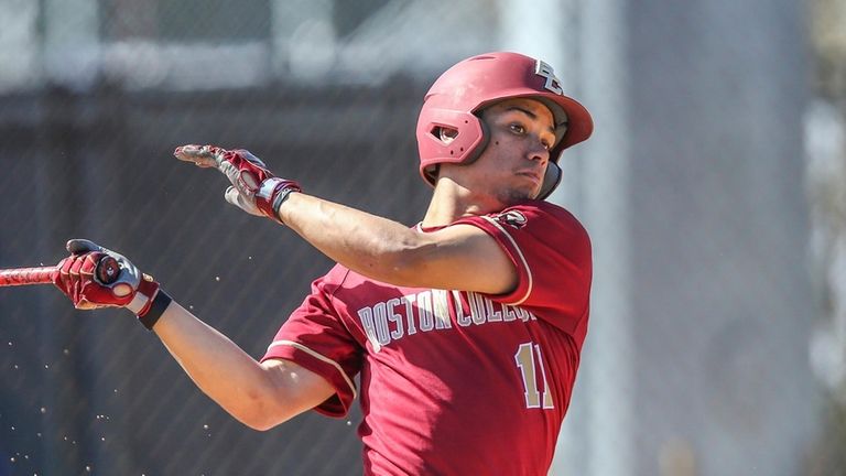 Boston College outfielder Cameron Leary (11) at bat during an...