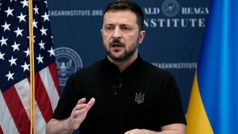 Ukrainian President Volodymyr Zelenskyy speaks at the Ronald Reagan Institute...