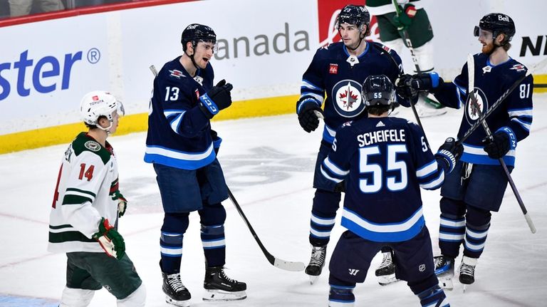 Winnipeg Jets' Gabriel Vilardi (13) celebrates his goal against the...