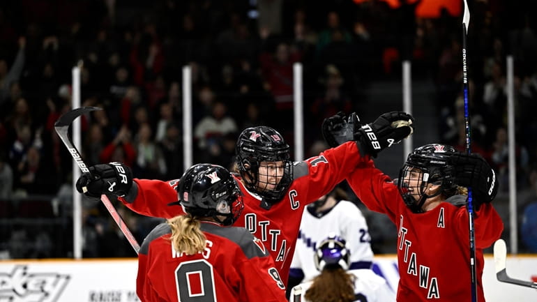 Ottawa's Brianne Jenner (19) celebrates her second goal of the...