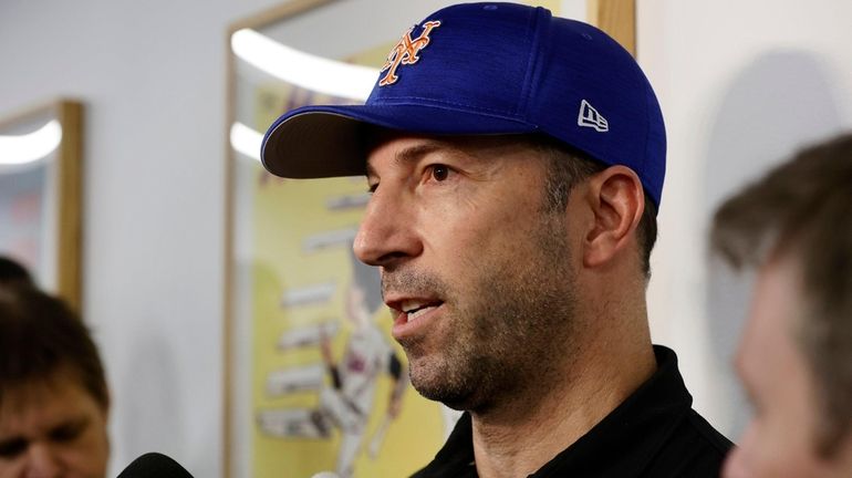 Mets general manager Billy Eppler talks with the media before...