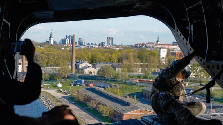 Estonia's capital of Tallinn is seen from a British Chinook...