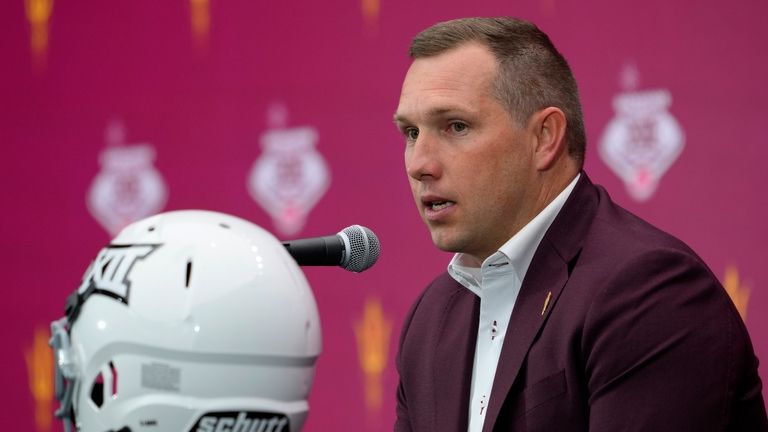 Arizona State head coach Kenny Dillingham speaks during the Big...