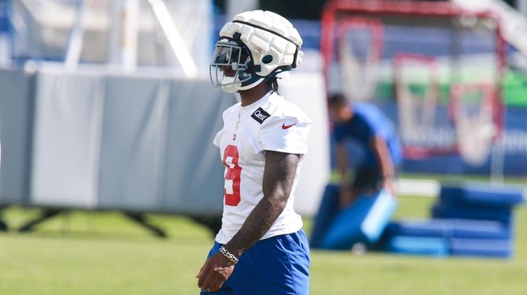 Giants wide receiver Malik Nabers looks on during training camp in...