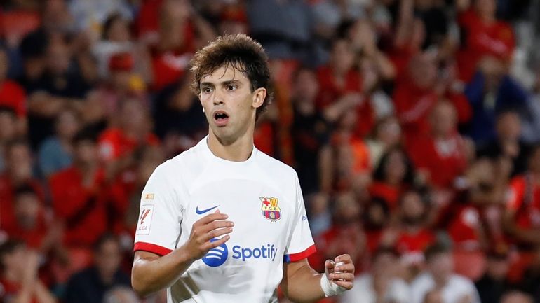 Barcelona's Joao Felix reacts during a Spanish La Liga soccer...