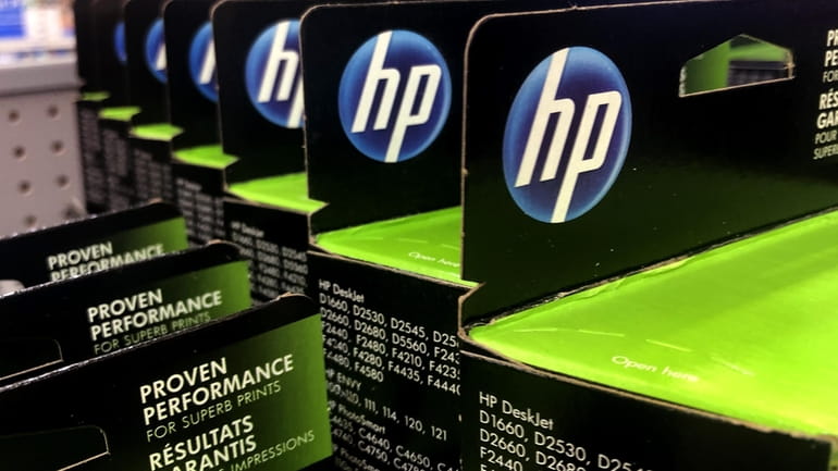 This Aug. 15, 2019, photo shows the HP logo on...