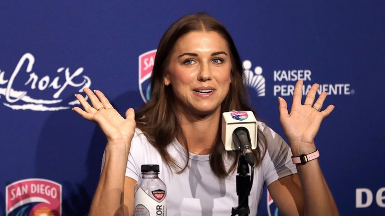 San Diego Waves FC's Alex Morgan smiles during a press...