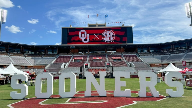 "SOONERS" stands on the football field at Oklahoma during an...