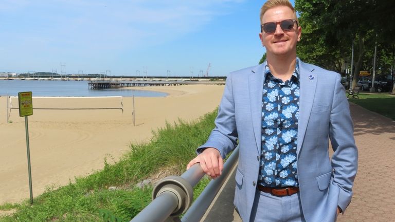 Shawn LaTourette, New Jersey's environmental protection commissioner, stands on a...