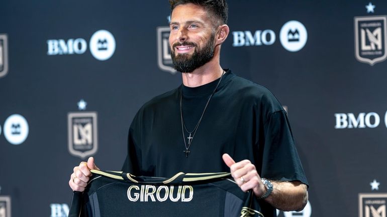 French forward Olivier Giroud is introduced to Los Angeles FC...