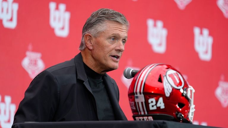 Utah head coach Kyle Whittingham speaks during the Big 12...