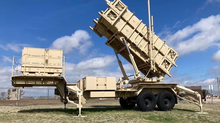 A Patriot missile mobile launcher is displayed outside the Fort...