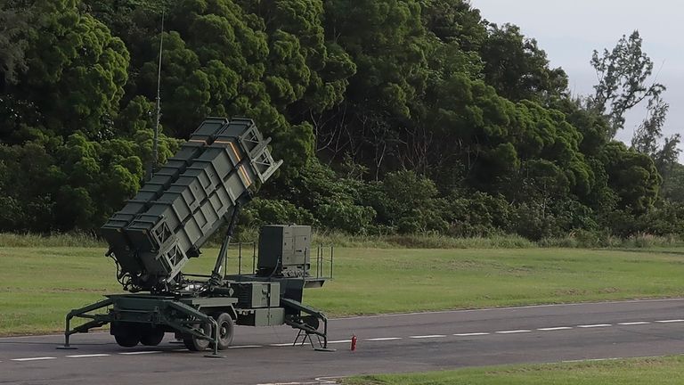 A MIM-104C (PAC-2) Patriot short-range anti-aircraft missile launcher is prepared...