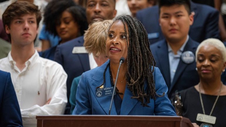 Georgia state Sen. Nikki Merritt, D–Grayson, delivers remarks at a...