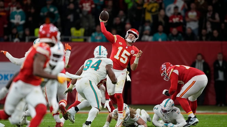 Kansas City Chiefs quarterback Patrick Mahomes (15) throws during the...