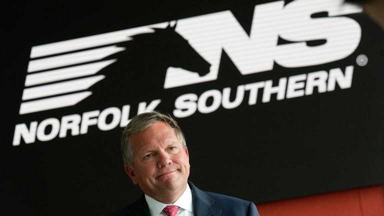 Norfolk Southern Railroad CEO Alan Shaw speaks during an interview...