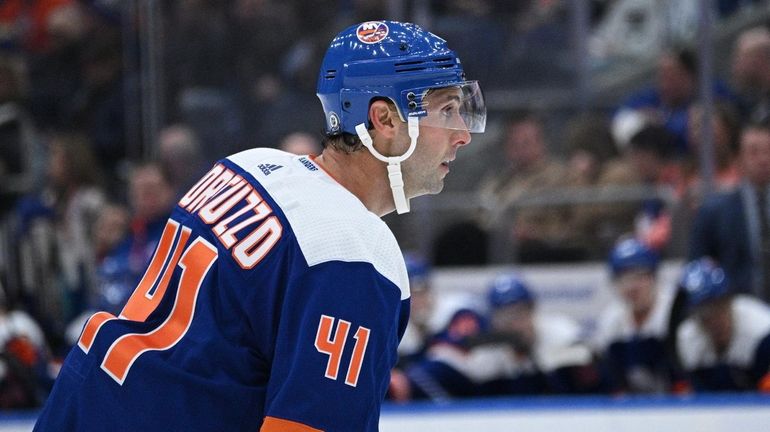 Islanders defenseman Robert Bortuzzo looks on in the first period...