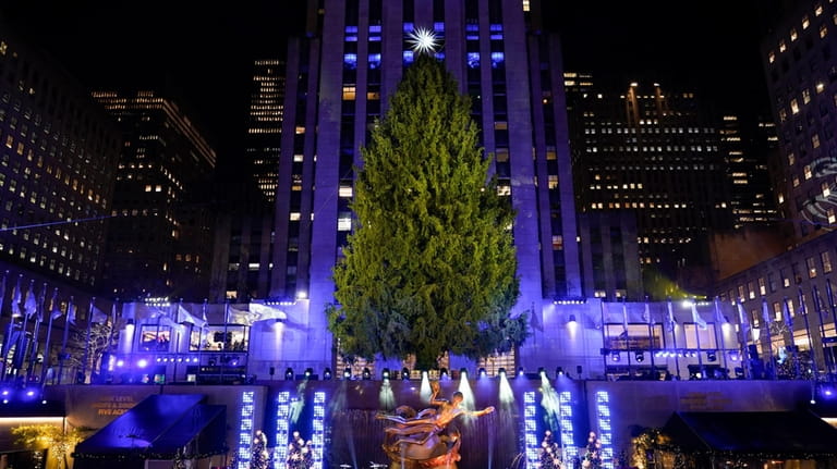 A Christmas tree is displayed before being lit at Rockefeller...