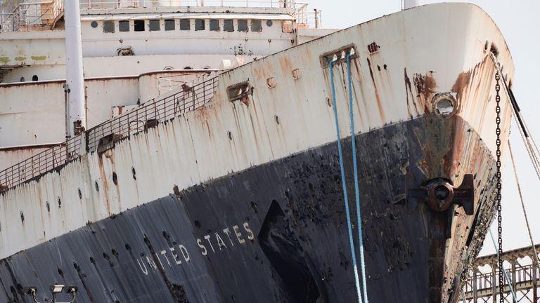 S.S. United States is moored on the Delaware River in...