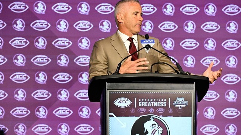 Florida State head coach Mike Norvell speaks during the Atlantic...