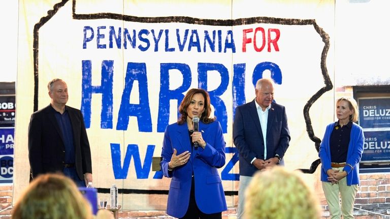 Democratic presidential nominee Vice President Kamala Harris speaks as second...