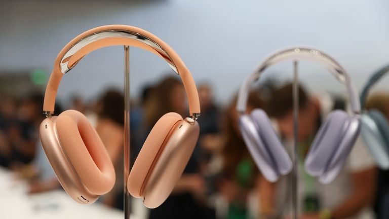 The AirPods Max are displayed at Apple headquarters Monday, Sept....