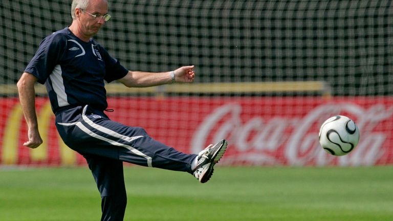 England national soccer team manager Sven-Goran Eriksson kicks a ball...