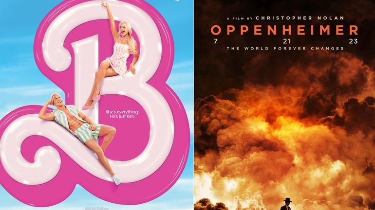 This combination of images shows promotional art for "Barbie," left,...