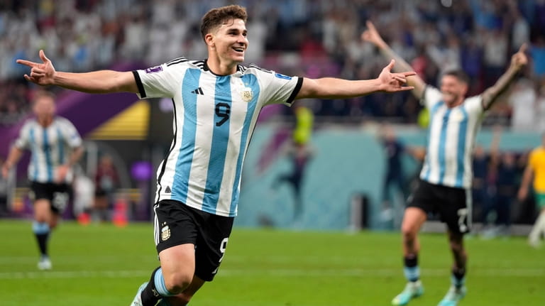 Argentina's Julian Alvarez celebrates his side's second goal during the...