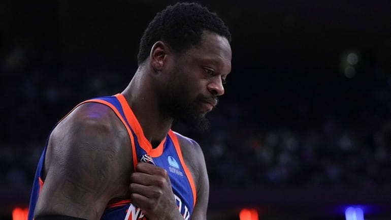 Julius Randle of the New York Knicks reacts after a...