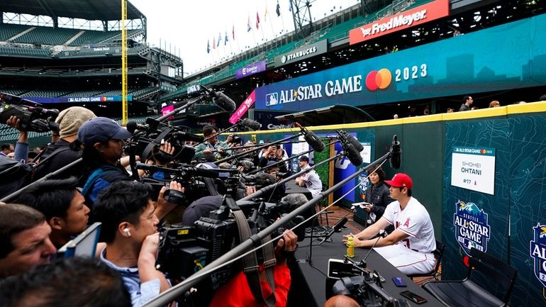 American League's Shohei Ohtani, of the Los Angeles Angels, speaks...