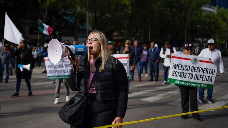 A demonstrator yells into a megaphone to protest against the...