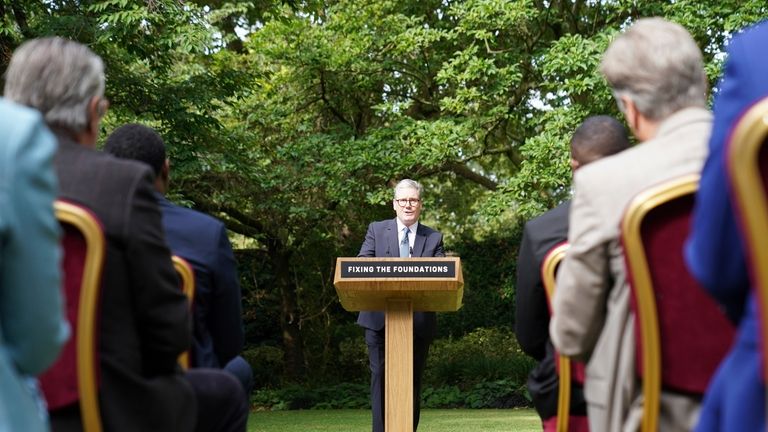 Britain's Prime Minister Keir Starmer delivers a speech and press...