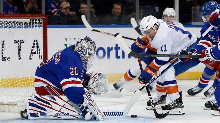 Igor Shesterkin #31 of the New York Rangers makes a...