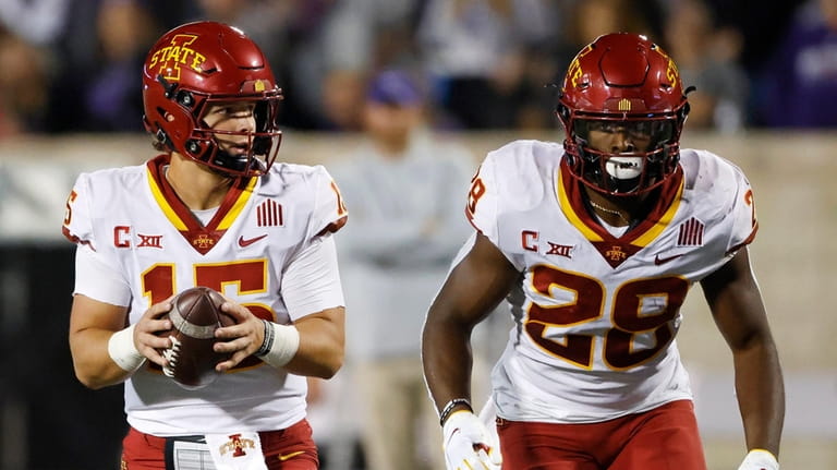 Iowa State quarterback Brock Purdy and running back Breece Hall during an...