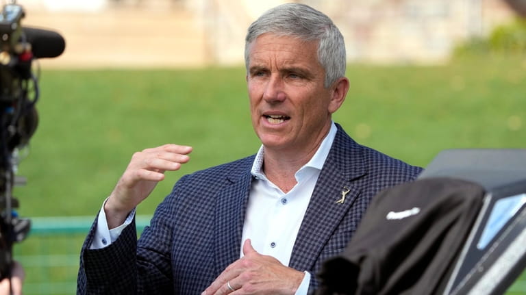PGA Tour commissioner Jay Monahan gestures during an interview during...