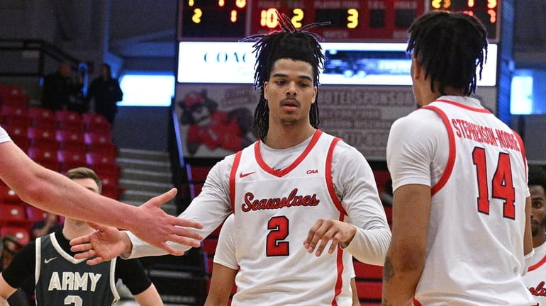 Stony Brook Seawolves forward Frankie Policelli and teammates react against...