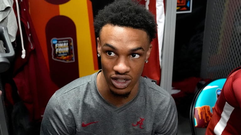 Alabama guard Rylan Griffen speaks with reporters ahead of a...